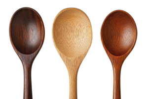 Beautiful wooden spoons of various shades displayed in a row emphasizing craftsmanship and natural materials png
