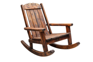 Rustic wooden rocking chair placed indoors in a cozy setting by a fireplace surrounded by warm lighting and soft furnishings png