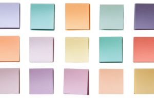 Colorful sticky notes arranged neatly in a grid pattern on a clean white background for organization and creativity png