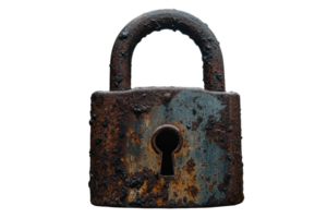 Old rusty padlock with chipped paint and weathered texture seen against a plain background png