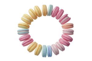 Colorful assortment of macarons arranged in a circular pattern for dessert presentation png
