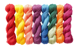 Colorful collection of vibrant yarn skeins arranged in a harmonious gradient display for creative projects and crafts png