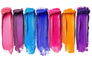 Vibrant colors of paint swatches arranged in a row showcasing a spectrum from pink to orange in a creative workspace png
