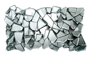 Broken mirror pieces scattered on a flat surface create an abstract reflective pattern in a bright setting png