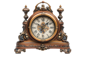 Antique clock with ornate design and floral details displayed on a wooden table indoors in soft lighting png