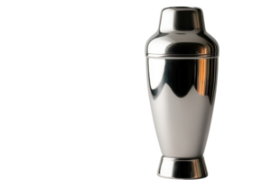 Cocktail shaker displayed on a clean surface highlighting its shiny stainless steel finish and sleek design png