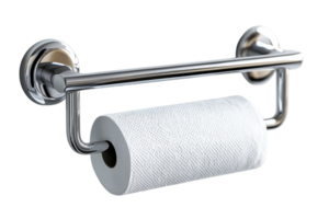 Simple bathroom setup featuring a roll of paper towel neatly positioned on a modern stainless steel holder png