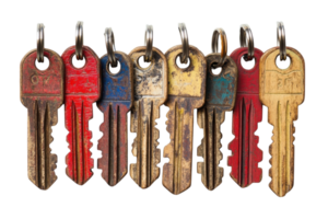 Colorful collection of vintage keys displayed in a straight line with varying colors and conditions under bright lighting png
