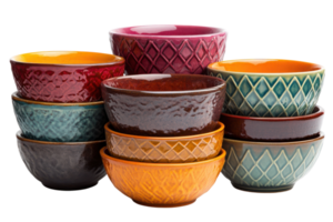 Stacked colorful ceramic bowls in various sizes and patterns arranged neatly in a playful display png