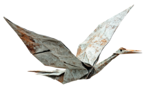 Elegant origami crane gracefully soaring with intricate folds and textures displayed against a white background png