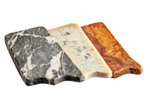 Elegant marble and wood serving boards displayed on a neutral background showcasing unique patterns and colors for dining png