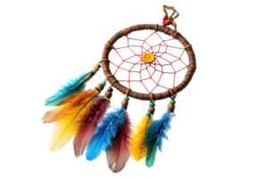 Unique dreamcatcher with colorful feathers and intricate web design hanging against a bright backdrop png
