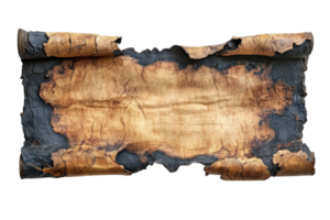 Ancient scroll with burned edges revealing faded text and aged texture displayed on a neutral background png