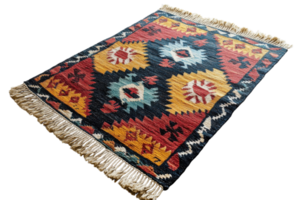 Vibrant handcrafted rug with geometric patterns and fringe in warm colors displayed on a neutral floor png