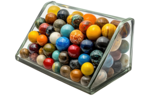 Collection of colorful decorative marbles displayed in a clear glass container with unique designs and patterns png
