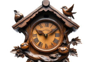 Wooden cuckoo clock with intricate details and decorative birds perched on a charming chalet design png