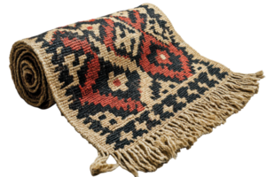 Handmade traditional textile featuring intricate geometric patterns displayed on a rolled carpet png