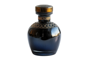 Elegant dark blue glass bottle with ornate patterns and a decorative lid displayed on a simple background png