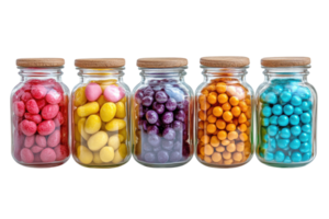 Colorful candy jars filled with assorted sweets arranged in a row on a white background png