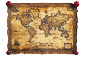 Vintage world map with intricate details showcasing continents and oceans in an antique style design png