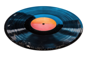 Vinyl record with colorful center design resting at an angle on a white background showcasing its worn texture png