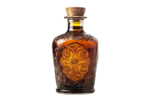 Elegant glass bottle showcasing intricate design and rich color, perfect for displaying fine spirits in any setting png