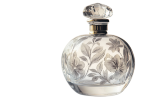 Elegant floral engraved crystal perfume bottle displayed on a clean surface with soft lighting in a serene indoor setting png