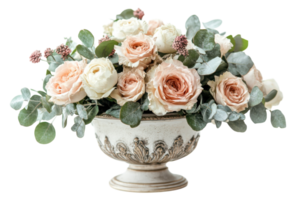 Beautiful floral arrangement featuring roses and eucalyptus in an elegant bowl on a white background png