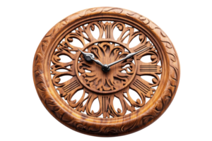 Intricate wooden wall clock design featuring elaborate carvings and classical Roman numerals png