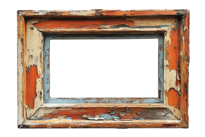 Weathered wooden frame with peeling paint in vibrant colors showcases rustic charm and character from a bygone era png