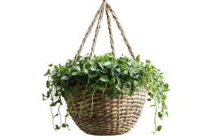 Hanging basket overflowing with vibrant green plants showcases indoor gardening at its best in a minimalist setting png