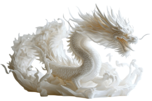 Intricate white dragon sculpture emerging from swirling clouds creating a mesmerizing display of artistry png