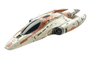 Miniature spaceship model crafted with intricate details, showcasing a weathered design and futuristic aesthetics png