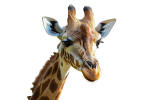 Giraffe displays curious expression with graceful neck and distinctive patterns in a neutral background setting png