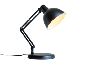 Modern desk lamp with adjustable arm and warm light positioned on a clean surface in a minimalist setting png