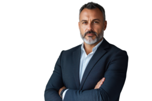 Confident businessman with a beard crosses arms while standing against a plain background png