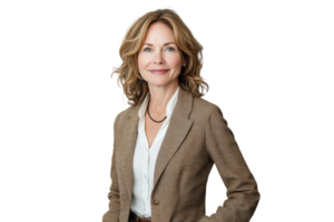 Professional woman in smart attire poses confidently against a plain background png