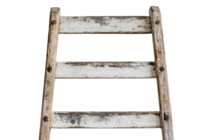 Rustic wooden ladder stands against a white background showcasing its weathered texture and worn charm png