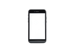 Modern smartphone with blank screen laying flat on a surface ready for use or customization png