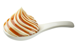 Twisted soft serve ice cream with caramel drizzle served in a white spoon png