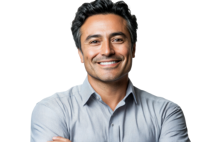 Confident businessman smiling while standing with arms crossed in a casual setting indoors png