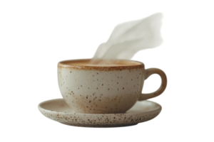 Steaming coffee served in a rustic cup on a saucer with a warm, inviting aesthetic during morning hours png