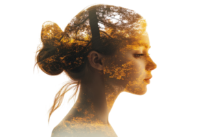 Woman's silhouette merges with autumn foliage, creating a striking double exposure effect in a serene artistic representation png
