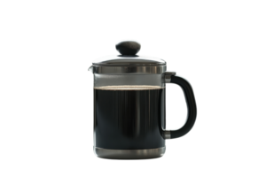 Enjoying fresh brewed coffee with a French press in a cozy kitchen setting during morning hours png