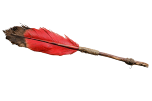 Uniquely crafted stick with vibrant red feather embellishment found in a nature setting png