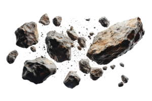 Rocks and debris scattered in various sizes creating a dynamic formation in a void png
