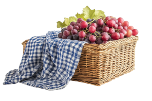 Grapes in a wicker basket with a checkered cloth on a white background ready for a fresh fruit display png