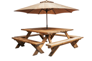Rustic wooden picnic table with an umbrella ideal for outdoor gatherings in a backyard setting png