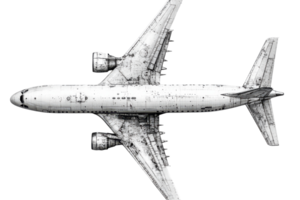 Airplane design outline showcasing details of fuselage and wings from a top perspective png