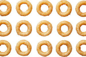 Assorted golden onion rings arranged neatly on a white background ready for serving and enjoyment at a casual meal or gathering png